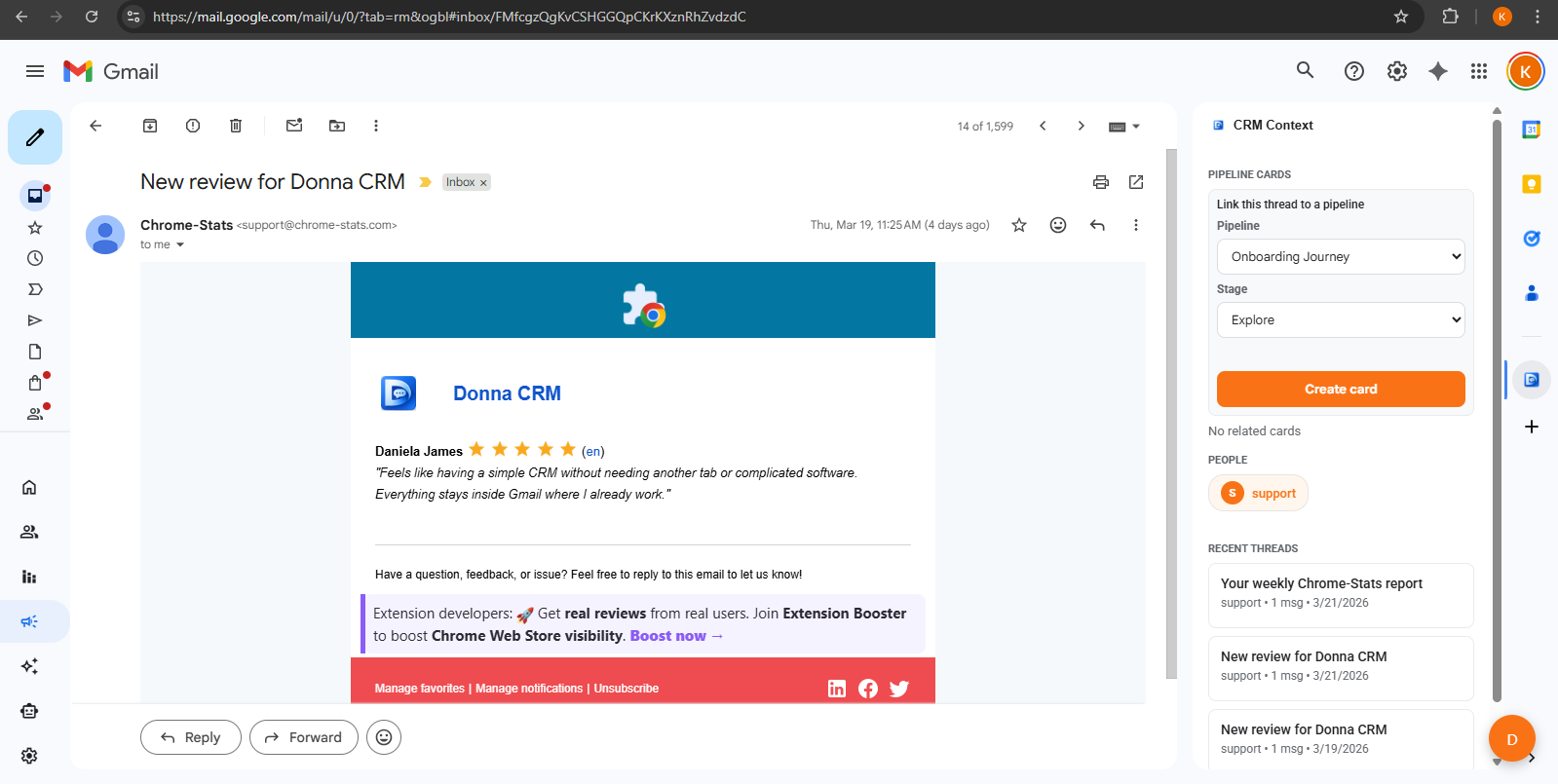 Donna CRM showing contact context inside Gmail