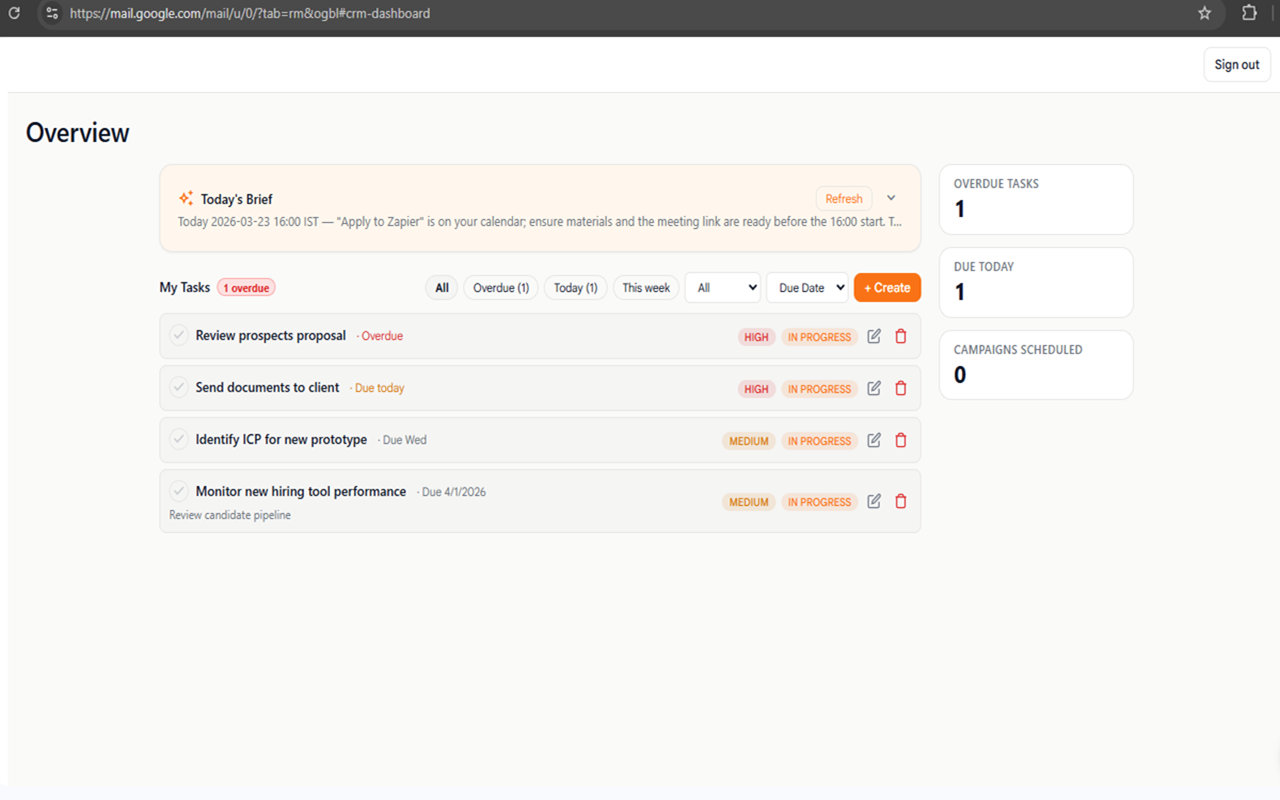 Donna CRM overview workspace inside Gmail